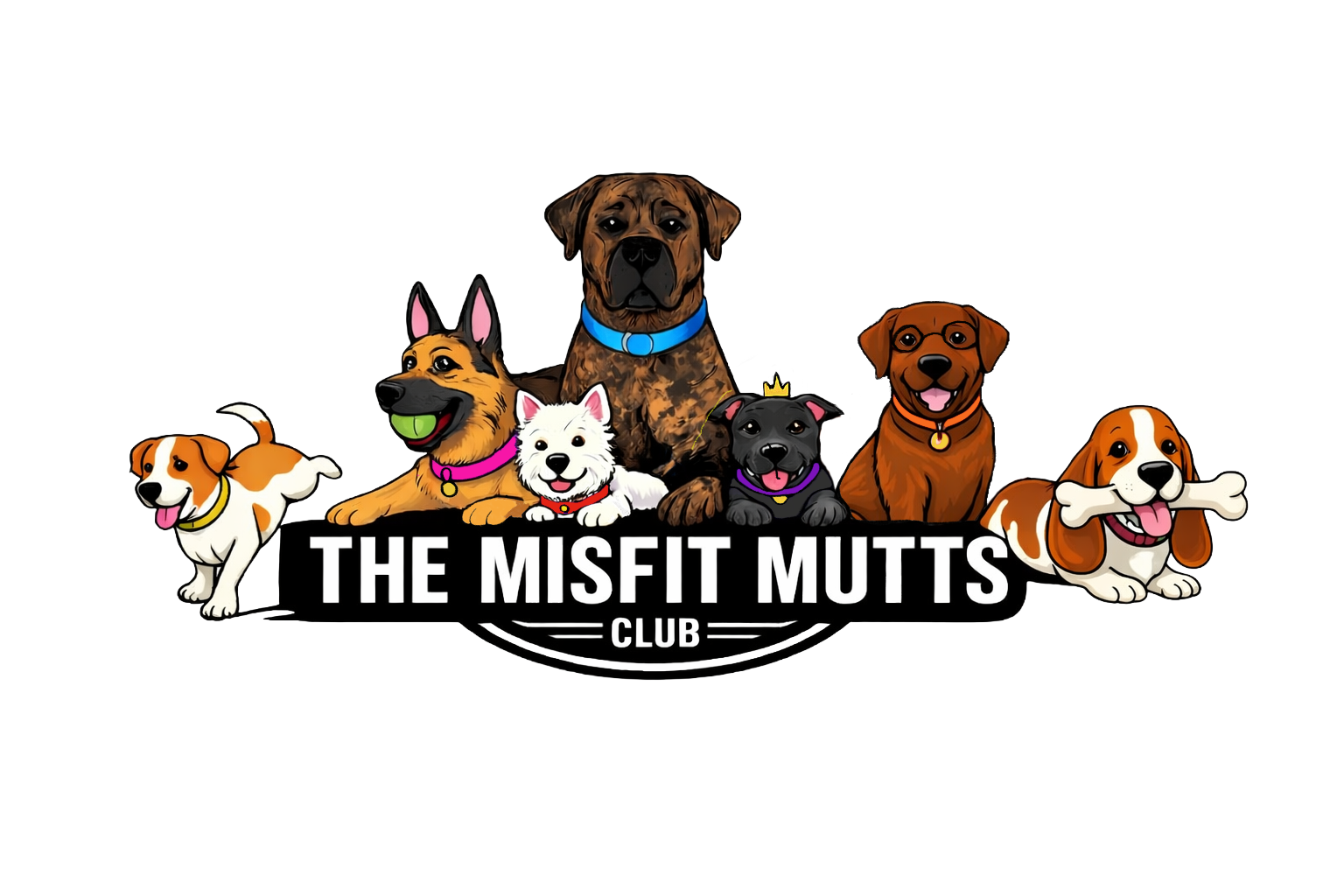 The Misfit Mutts Club logo featuring all seven dogs